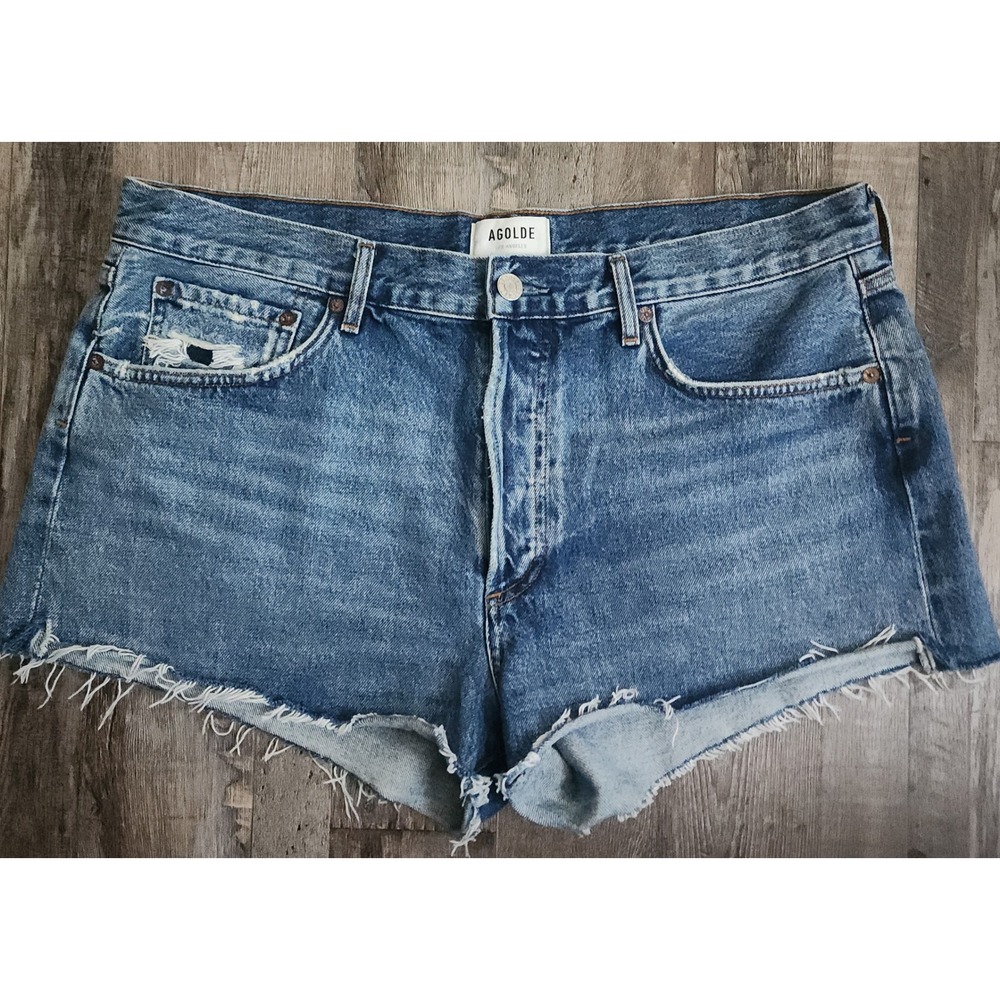 AGOLDE Denim Shorts Women 32 Blue Parker High Rise Cut Off Frayed Hem Button Fly